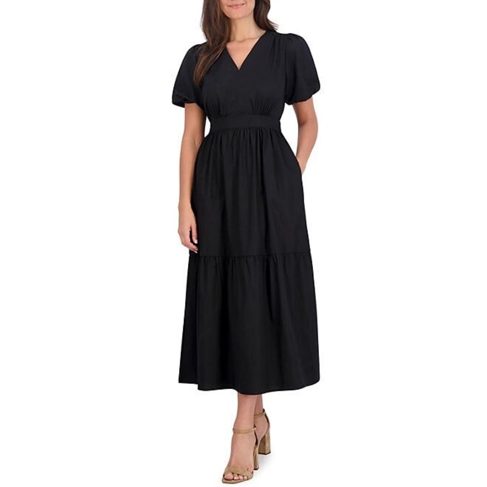 French Connection Black Puff Sleeve Cotton Maxi Dress Size Large V-Neck Pockets